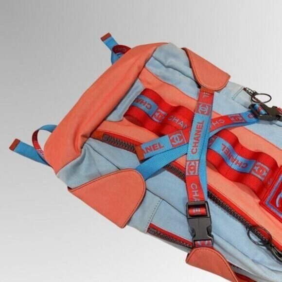 Authentic CHANEL CC Sport Line Nylon Backpack Bag Multicolor Blue Red Vintage - Picture 9 of 10